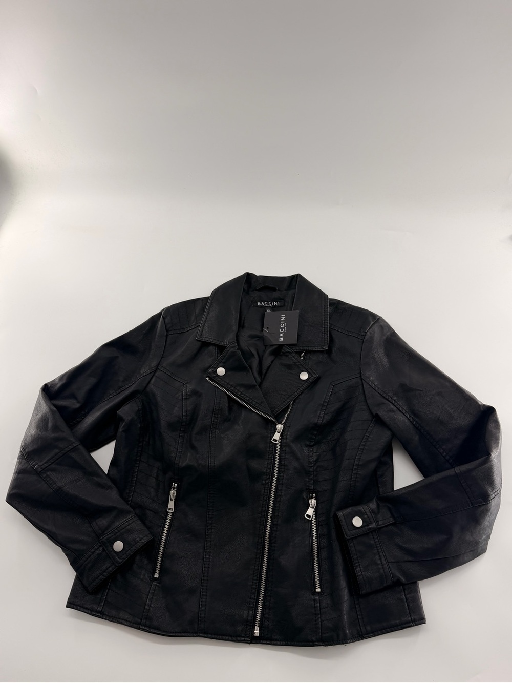 Baccini Black Faux Leather Jacket Biker Zippers Petite Large New NWT Vegan